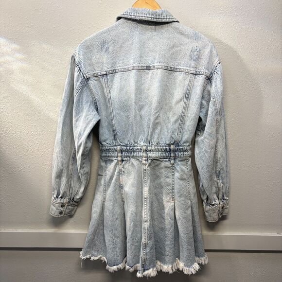 Free People Chain of Command Acid Wash Denim Long Sleeve Mini Dress Sz Small - Picture 3 of 7